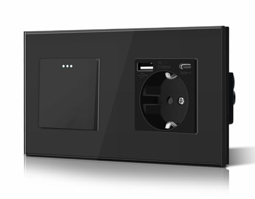 BSEED Interruptor Conmutador y Enchufe USB C Basculante Luz de Orientación Marco de Cristal Fácil