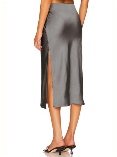 Womens Satin Silk High Waist Slit Midi Skirt Elastic Waistband Midi Skirts2