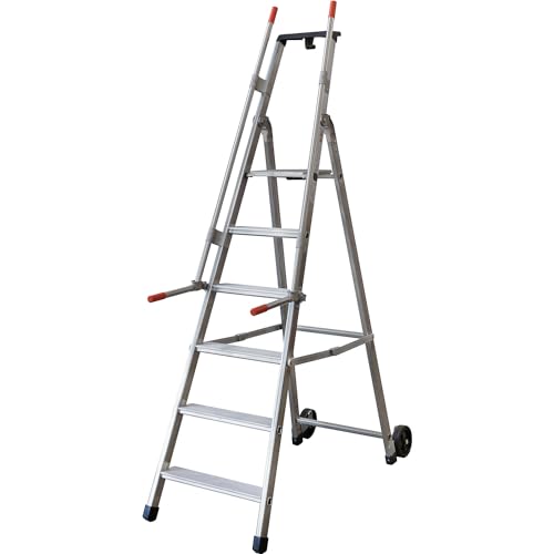 Escalera móvil para almacén y para estanterías, con 2 pasamanos y ruedas, 6 peldaños incl. plataforma.
