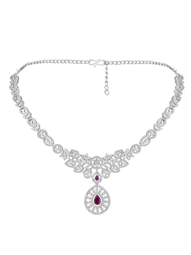 Image of ASMITTA Jewellery American Diamond Necklace Set Rhodium Plated Choker Necklace with Earrings for Weddings, Parties & Festivals