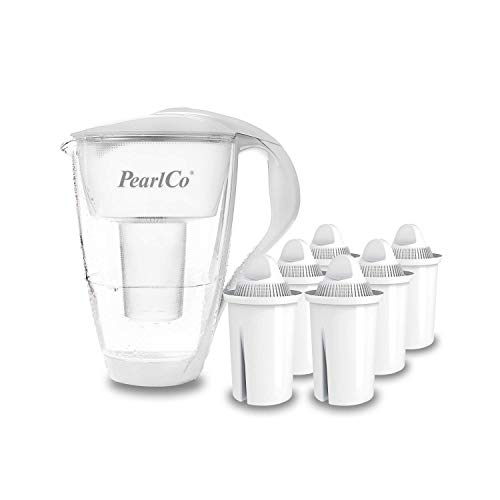 GLAS-Wasserfilter PearlCo (weiß) mit 6 Classic Filterkartuschen - Reduzierung von Kalk, Chlor, Blei & Kupfer mit Glaskanne - kompatibel zu...