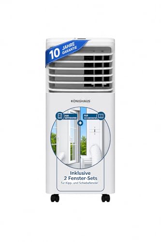 Könighaus Smarte EU Mobile Klimaanlage 9000 BTU- für deutsche Kippfenster geeignet- Kühlung, Entfeuchtung, Ventilator und Luftreinigung- energieeffizient (A)- inkl. Fernbedienung und App