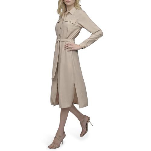 Image of DKNY Women's Long Sleeve Collared Tie Waist Midi Shirtdress
