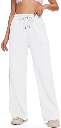 M MOTEEPI Womens Fleece Wide Leg Sweatpants Baggy High Waisted Winter Sweats Pants Straight Legs Athletic Pants with Pockets White