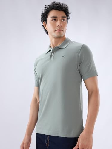 Image of Raymond Men Slim Fit Solid Pattern Pure Cotton Half Sleeve Polo Neck Casual T-Shirt
