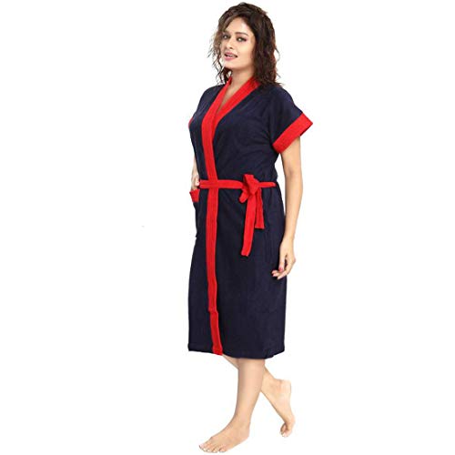 Image of bathrobes terry cotton free size bathrobe for women, bathsuit fit up to 42 inches chest size ladies - Red Blue bathrobe