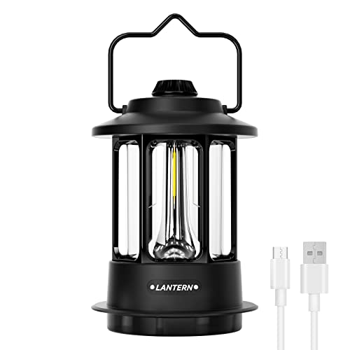 LED Camping Lantern Dimmable Retro Lamp Type C Rechargeable Emergency Light 105h Runtime for Power Outages Hurricane Outdoors Farmhouse Home Decor, Vintage Style (Black)