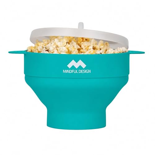 Image of The Original Mindful Design Collapsible Microwave Popcorn Popper - Silicone Bowl, BPA-Free & Dishwasher Safe (Aqua)