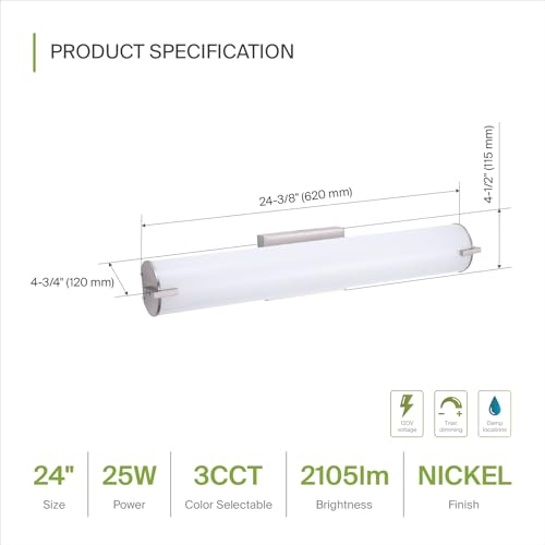 Image of ASD LED 24 inch Vanity Wall Mount Light Fixture, Linear Bathroom Lighting Bar | 3CCT, Dimmable, Energy Star, ETL Listed | 25W 1950LM 3000-5000K 120V | Long Tube Bath Sconce Over Mirror | Nickel, 4 Pack