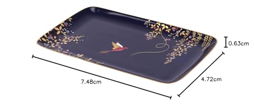 Portmeirion Sara Miller Chelsea Trinket Tray - 7.4 Inch Fine China Tray with 22 Karat Gold, Hummingbird Design in Dark Blue for Cheese Board - Decorative Gift-Boxed Serveware or Vanity Accent