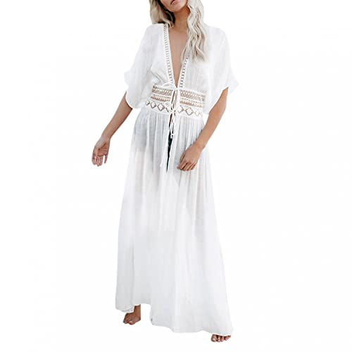 TMDD Damen Strandkleid Boho Strandponcho Frauen Spitze Bikini Cover up V-Ausschnitt Badeanzug Bedecken Pareos Kimono Strand Cardigan Cover