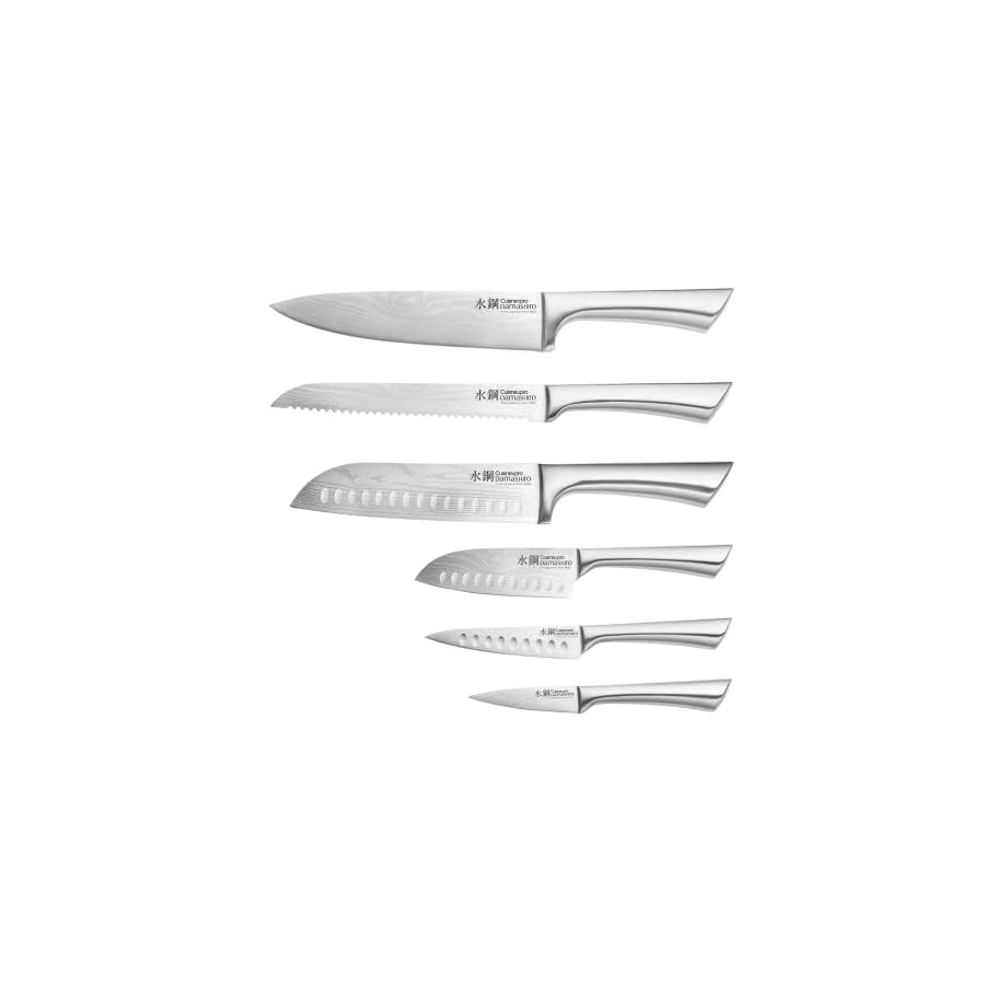 Cuisinepro-Damashiro-7-Piece-Kin-Knife-Block Cuisine::pro Damashiro Knife Block (Kin - 7 Piece Set) - Japanese Knife Set with Glass Holder, Razor Sharp Blades, Damascus Inspired Design
