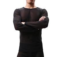 GENEMEN Netzhemd Herren Sheer Hemd Langarm Transparent Shirt Sexy Mesh Oberteil Rave atmungsaktiv Unterhemden (Schwarz, L)