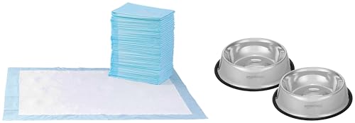 Image of AmazonBasics Pet Training Pads Extra-Large - 60 Pieces & Amazon Basics Stainless Steel Pet Feeding Bowl,1800ml,(Set of 2)