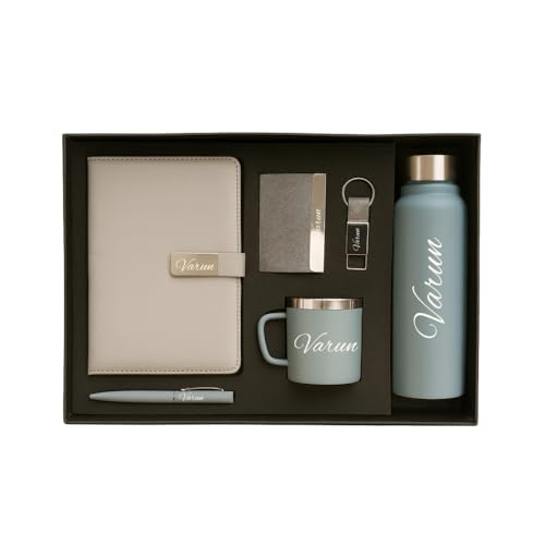 Image of YOUR GIFT STUDIO Customized Diary Gift Set | Personalised Diary, Card Holder, Keychian, Pen, Stainless Steel Mug and 750ml Bottle Personalized Gift for Birthday, Anniversary and Corporate (Grey)