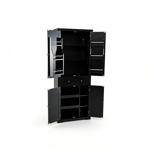 GIANTEX Armoire haute de 184 cm avec étagères réglables, tiroir et étagère, armoire de buffet avec 4 portes, armoire de rangement pour cuisine et salon, 77 x 40 x 184 cm, noire
