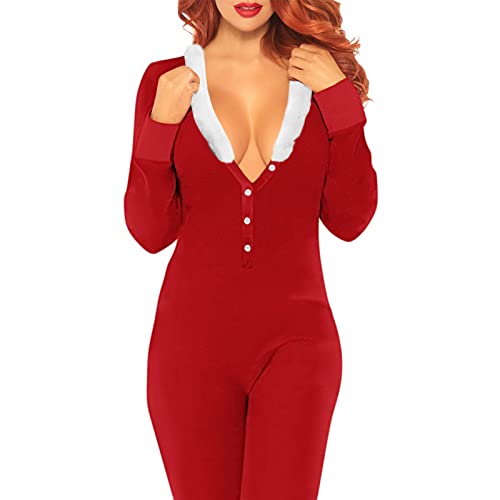 Ladies One Piece Bodycon Pajamas V Neck Long Sleeves Open Back Furry Adult Pajamas Jumpsuit Bodysuit Playsuit Romper Sexy Pijama For Woman Bodycon Buckle Jumpsuit - Afbeelding 3