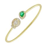 GOURIK Lab Created Emerald Open Bangle Gifts For Mom, Yellow Gold Plated Lab Grown Emerald & Simulated Diamond Cuff Bracelet