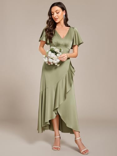 Image of Ever-Pretty Women's V Neck Satin Short Sleeves Ruffle Hi-Lo Midi Bridesmaid Dress 02336