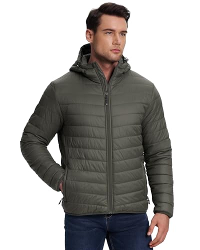 33,000ft Herren Leichte Steppjacke Outdoor Wasserbeständige Übergangsjacke Warme Winterjacke für Männer, Kapuze Wintermäntel Pufferjacke Verstaubar Dunkelgrün M