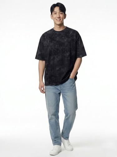Image of LEOTUDE Acid wash Oversized Tshirt Men Drop Shoulder Half Sleeves Round Neck Solid Pure 100% Cotton T-Shirts for Men (Color:Black)