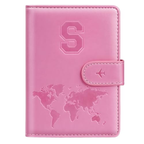Passport Holder Cover Initail Letter A-Z Travel Wallet Embossed Design RFID Blocking Card Holder Personalized Gift Passport Cover Wallet Passport Book Holders for Women and Girls Pink-S