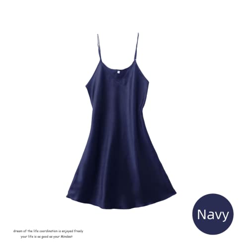 Tendvnmarce Women's Satin Nightgown Silk Slip Dress Sleepwear Sexy V Neck Negligee Nightdress Short Nightwear Navy Blue #TOP1