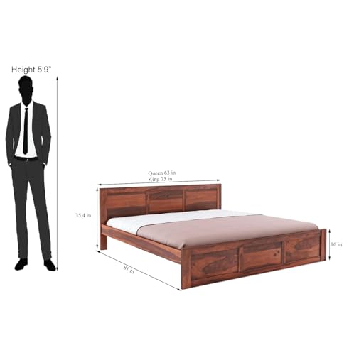 Image of Solid Sheesham Wood King Size Bed Without Storage | Wooden Double Bed Cot Palang with Headboard for Bedroom, Guest Room, Living Room, Hotels and Home (Honey Finish)