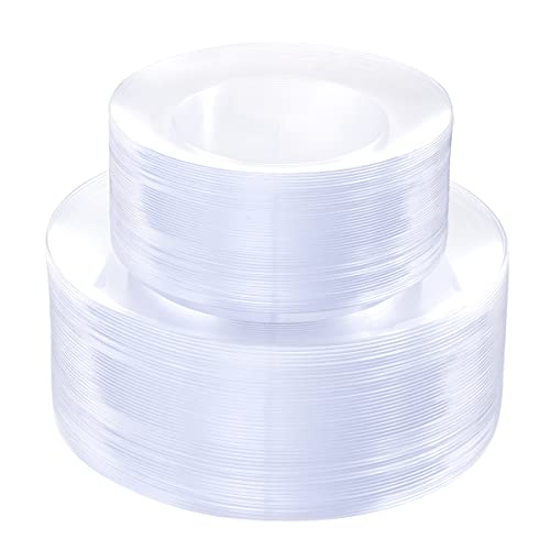 Pulote 100Pieces Clear Plastic Plates - Premium Heavyweight Clear Disposable Plates For Wedding&Party - Clear Plates Include 50 Clear Dinner Plates, 50 Clear Dessert/Salad Plates For Party #TOP8