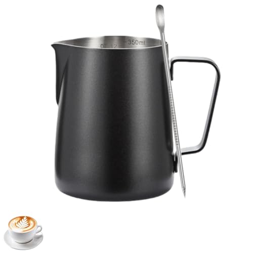 Milk Frothing Pitcher - 12oz/350ml Milk Frother Cup Stainless Steel Jug Steaming Pitcher, Milk Jug with Measurement Mark and Decorating Pen for Making Latte Art and Cappuccino Coffee (350ML Black)