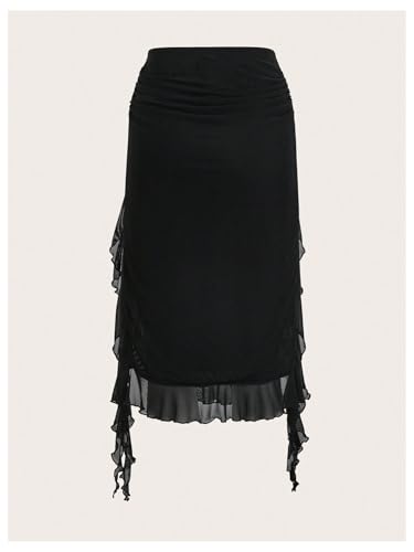 WDIRARA Women's Ruched Ruffle High Slit Midi Skirt Elastic Waist Asymmetrical Hem Skirts2