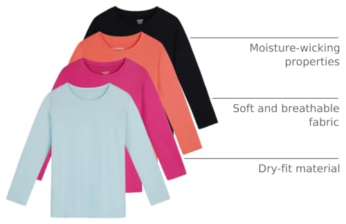 Image of 4 Pack Girls' Dry Fit Long Sleeve Shirts Athletic Activewear Teens Tops Tee