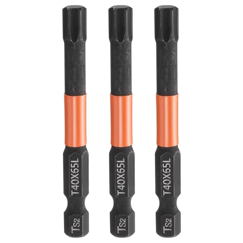 HARFINGTON 3pcs T40 Torx Head Screwdriver Bit 2.56" (65mm) Long 1/4" Hex Shank Magnetic No Hole Tamper Proof 6 Point Star Screw Driver Drill Bits Phosphate S2 Steel Industrial Power Tools