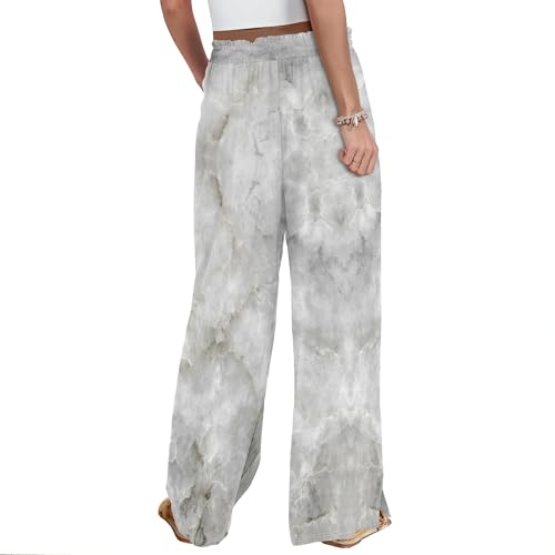 Women's Summer Casual High Waist Adjustable Drawstring Wide Leg Pants Print Palazzo Pants Beach Trousers with Pockets4