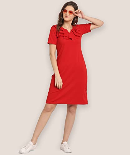 Image of OOMPH! Women's Western & Fusion wear Above Knee /Mid Thigh Length Sheath Red Dress in Lycra Blend Fabric with V Neck and Short Sleeve