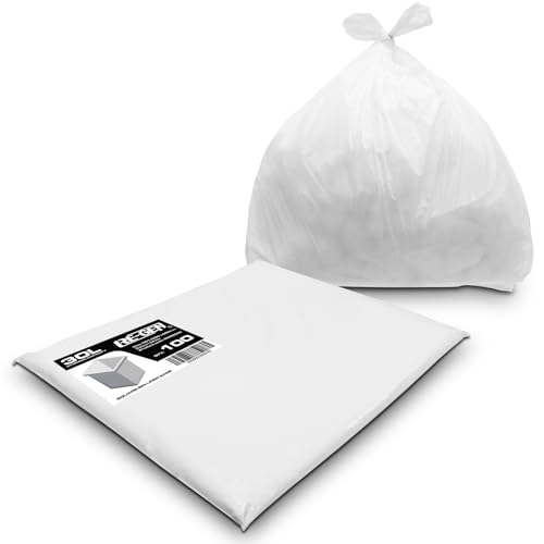 Image of RE-GEN 30L Essential Range Medium Kitchen, Bathroom Square Bin Liners White Refuse Sacks (1 Pack, 100 Bags) Everyday, Office & Home Use | Quality Rubbish Garbage Bags 381/609 x 609mm