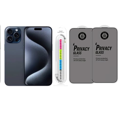 Image of Edge To Edge Privacy Tempered Glass Screen Protector Compatible With iPhone 15 Pro Max, 9H Hardness, Anti-Fingerprint, FHD Clear With Cable Protector Pack 2