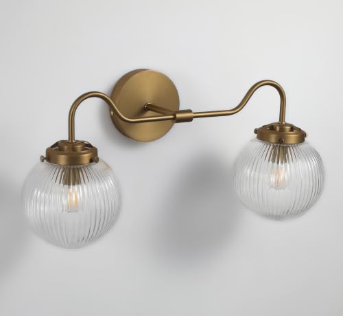 Image of 20 Inch Brushed Gold Vanity Light 2 Light Heavy Ribbed Glass Globe Brass Bathroom Light Fixture (Bulb Included)