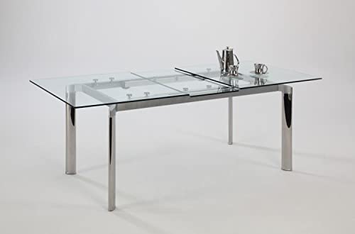 Chintaly Imports Pop-Up Extension Glass Dining Table, Stainless Steel/Clear #TOP1