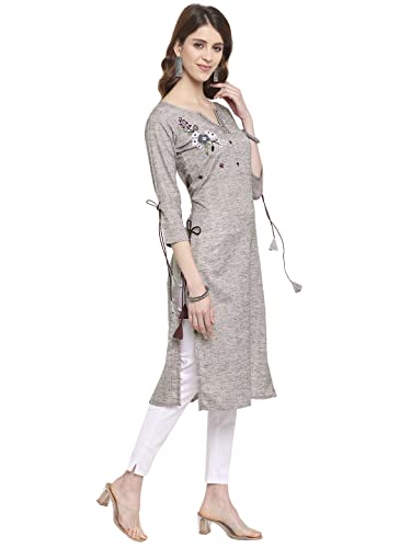 Image of EthnicJunction Women's Cotton Blend Floral Thread Work Embroidery Straight Kurta