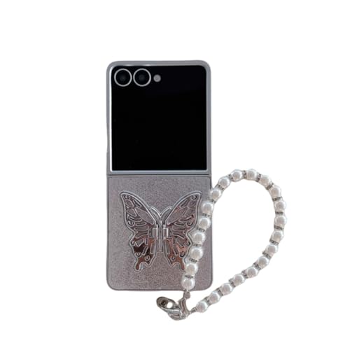 Coque Galaxy Z Flip4 transparente pailletée motif papillon avec bague et chaîne