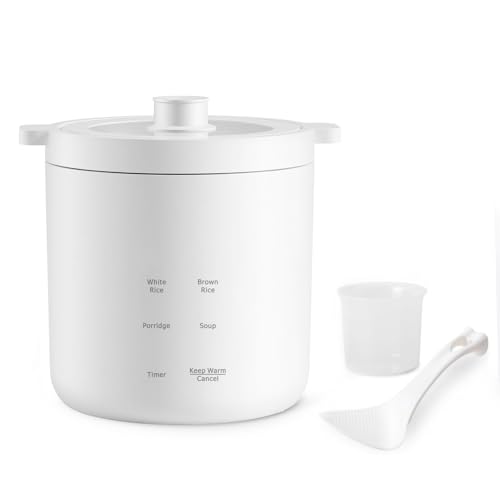 Olayks Mini Rice Cooker 2 Cup Uncooked, Small Electric Cooker, with 4 Cooking Functions, 24 Hour Preset and Heat Preservation, Anti Scald Carry Handle