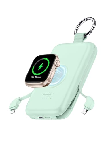 RORRY Portable Charger, 10000mAh PD 20W Fast Charging Portable Charger Power Bank with Built in Cables, Travel Battery Pack for iPhone 17/16/15/14/13/12 and Apple Watch Ultra/11/10/9/8/7/6/5, Green