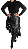 LKOUS Leather Skirts for Women PU Pearl Ruffle Asymmetrical Hem Knee Length Black Skirt Plus Size