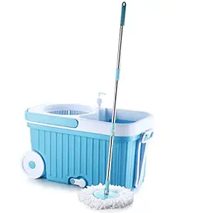 Ganesh Sporty Plastic Spin Mop with Rectangular Plastic Bucket Floor Cleaning Mop with Bucket,Easy in-built Big Wheels & Big Bucket,Pocha for floor cleaning, Mopping Set (Blue, Set of 2 Microfiber refills)