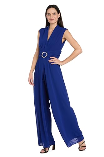 Image of R&M Richards Women's Sleeveless Jumpsuit with Sculpted Buckle Detail & Flowing Overlay for Formal Occasions, Wedding Guest