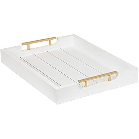 White Serving Tray with Gold Handles - 17 Inch Premium Rustic Tray for Coffee Table, Ottoman & Living Room - Tv Trays for Eating Breakfast in Bed - Wooden Tray for Ottoman by Cozy Décor Cover