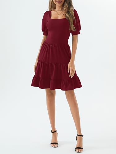 Image of Women's Square Neck A-Line Summer Dress Puff Sleeve Flared Swing High Waist Smocked Flowy Midi Casual Dress for Office /Party Burgundy