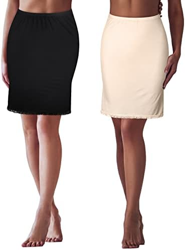 Haysandy 2 Pieces Half Slips for Women Underskirt with Short Lace Trim Lace Half Slip Dress for Under Dresses (White & Nude, L)