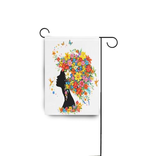 Drapeau de jardin en polyester durable avec motif fille afro-américaine et fleurs